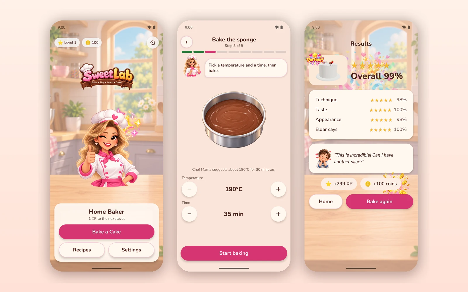 SweetLab home screen, the baking step and the results screen