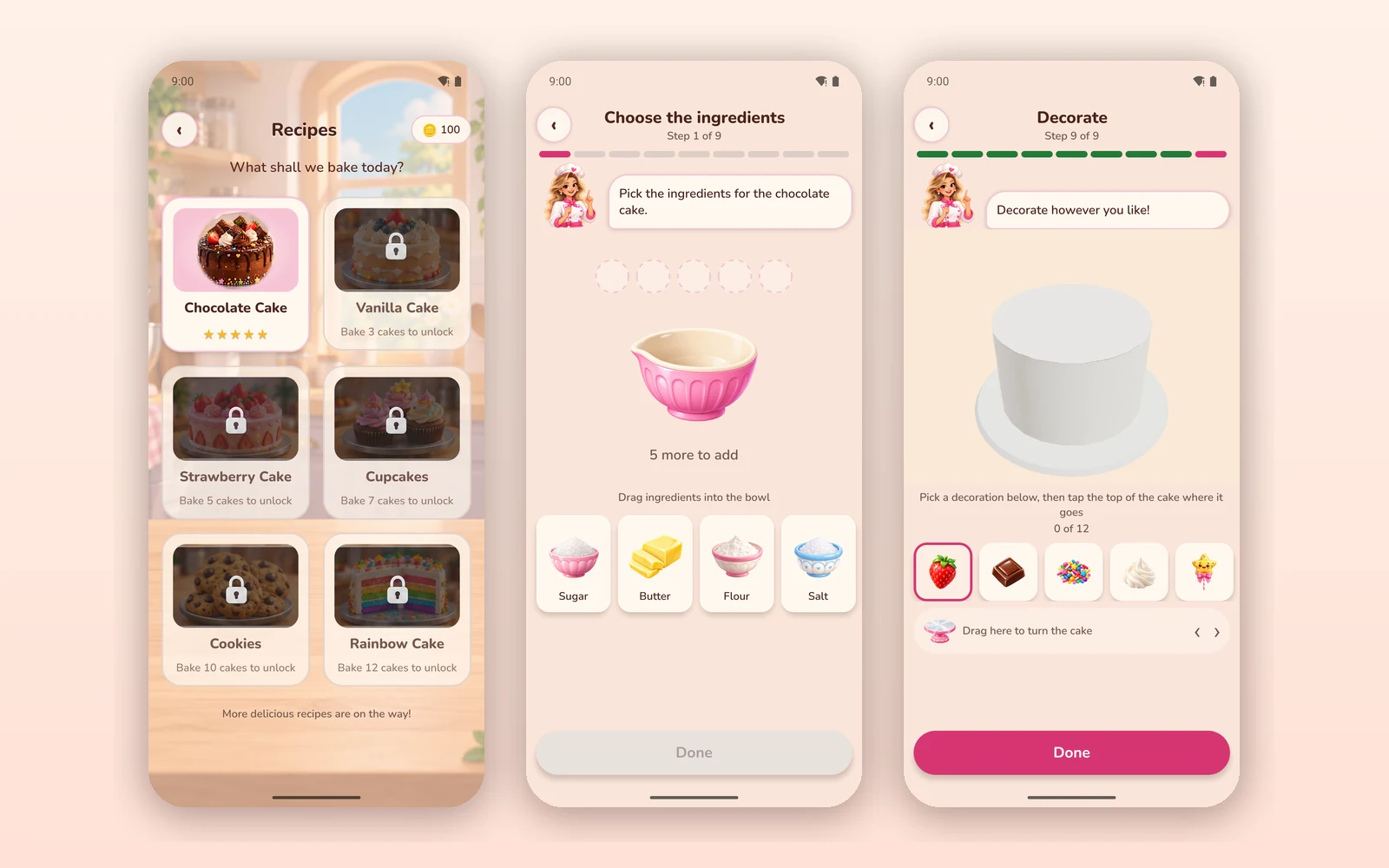 SweetLab recipe list, the ingredient step and the decoration step