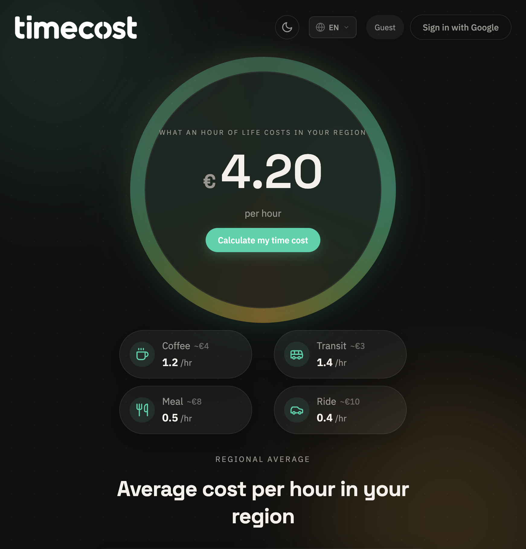 TimeCost homepage screenshot